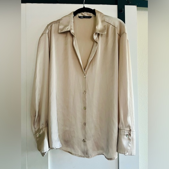 Zara Cream Satin Button Down Shirt - Picture 3 of 7